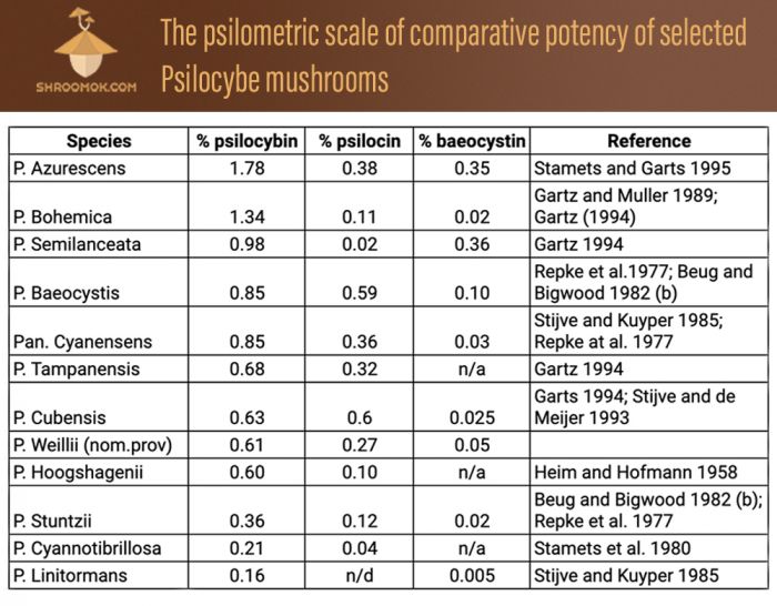 Сравнительная таблица содержания псилоцибина, псилоцина, беоцистина в псилоцибиновых грибах по видам